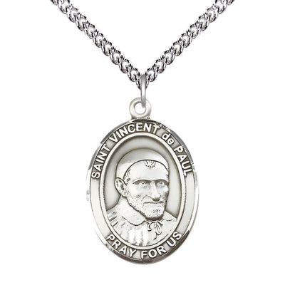 St. Vincent de Paul Sterling Silver Oval Medal Pendant with Sterling Silver Chain, Measures 1-inch tall by 3/4-inch wide, Bliss Manufacturing