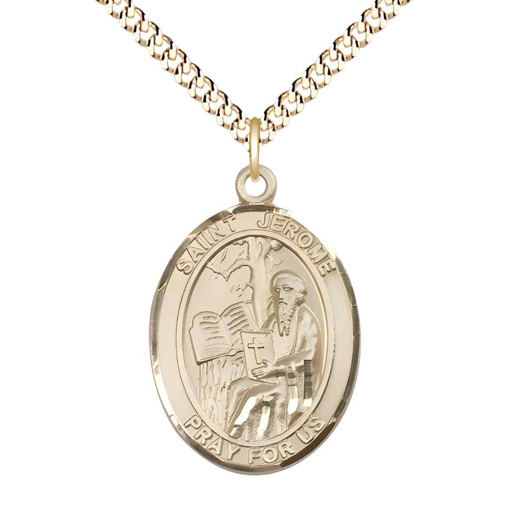 Large St. Jerome 14kt Gold-filled Oval Medal Necklace with gold-plated chain & optional engraving. Made in the USA with a deluxe gift box