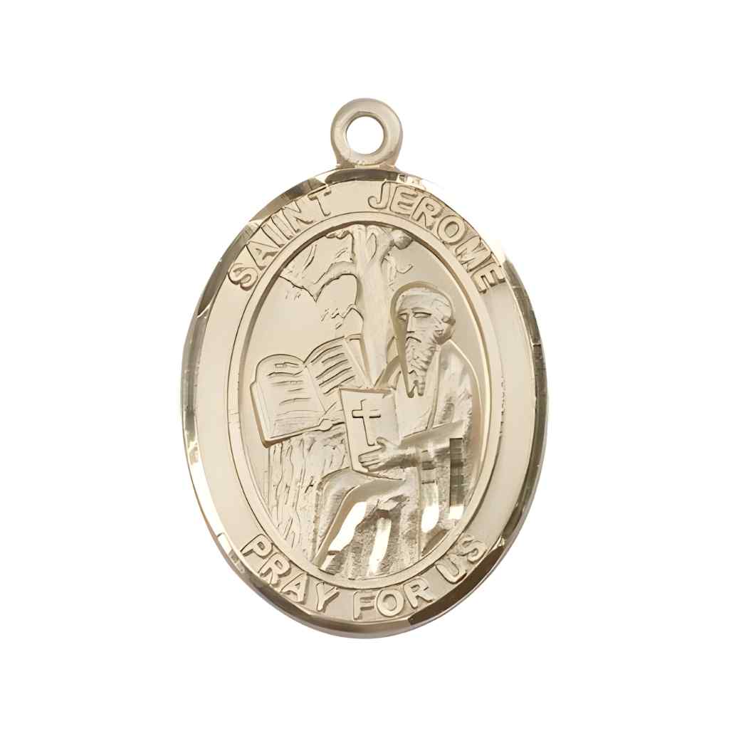 Large St. Jerome 14kt Gold Oval Medal Pendant optional engraving. Made in the USA with a deluxe gift box.
