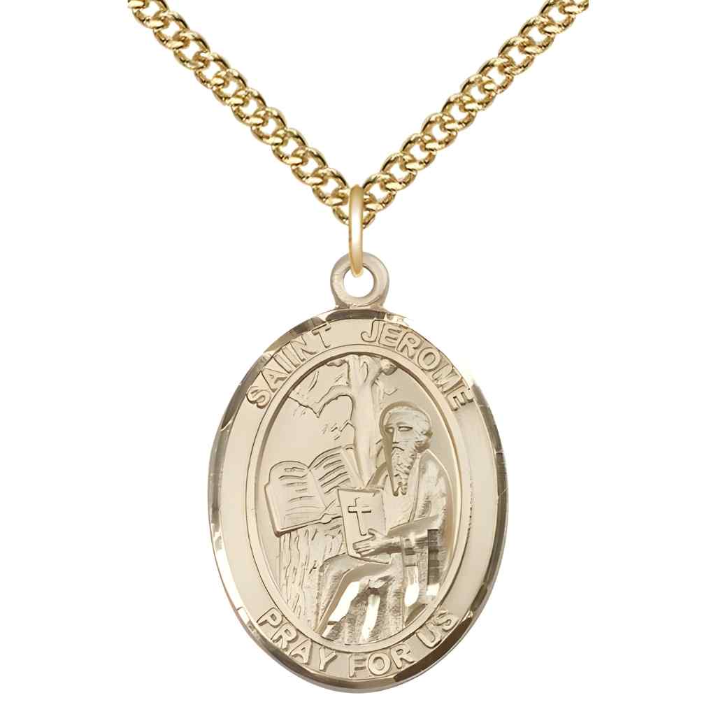 Large St. Jerome 14kt Gold Oval Medal Pendant with optional chain & engraving. Made in the USA with a deluxe gift box.