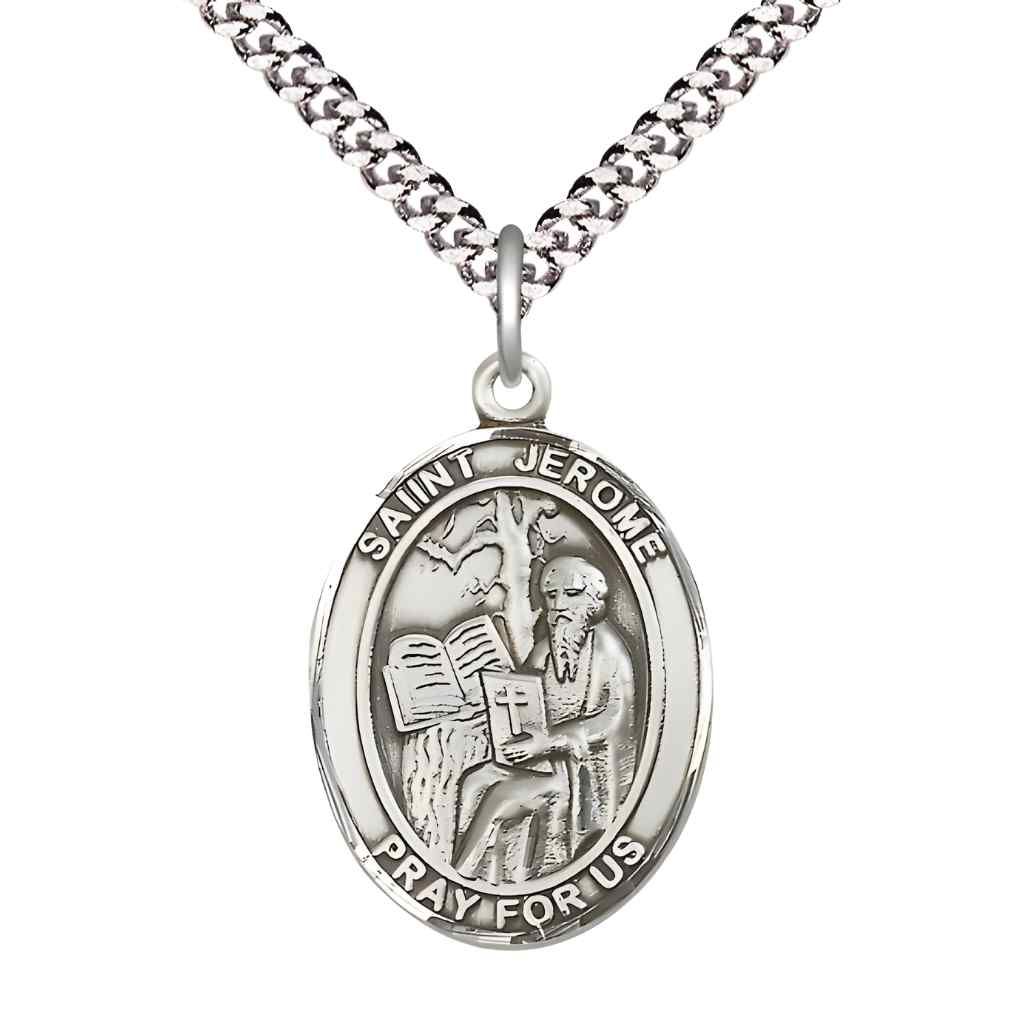 Large St. Jerome Sterling Silver Oval Medal Necklace with plated chain & optional engraving. Made in the USA with a deluxe gift box
