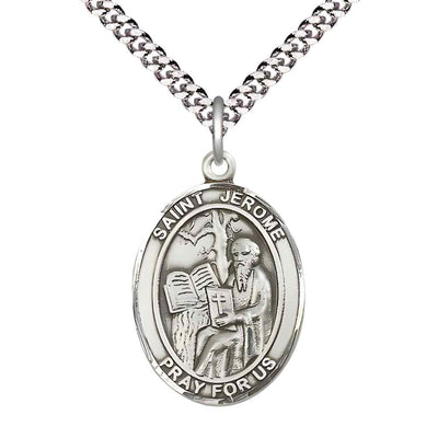 Large St. Jerome Sterling Silver Oval Medal Necklace with plated chain & optional engraving. Made in the USA with a deluxe gift box