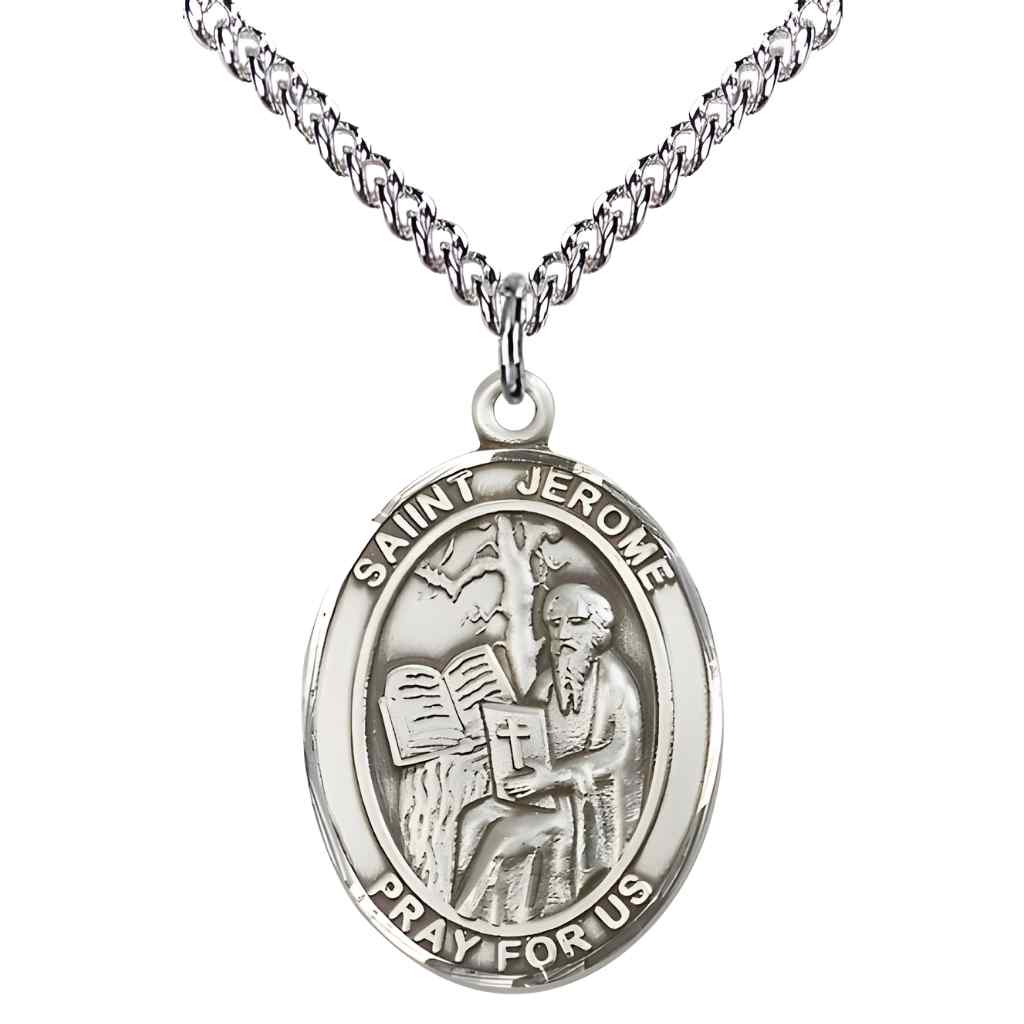 Large St. Jerome Sterling Silver Oval Medal Necklace with sterling silver chain & optional engraving. Made in the USA with a deluxe gift box