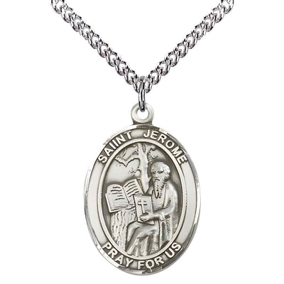 Large St. Jerome Sterling Silver Oval Medal Necklace with sterling silver chain & optional engraving. Made in the USA with a deluxe gift box
