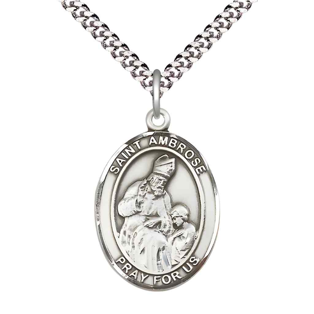 Large Saint Ambrose Pewter Oval Medal Pendant with 24" Rhodium-plated Curb Chain with Deluxe Gift Box | Bliss Manufacturing