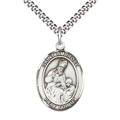 Large Saint Ambrose Pewter Oval Medal Pendant with 24" Rhodium-plated Curb Chain with Deluxe Gift Box | Bliss Manufacturing