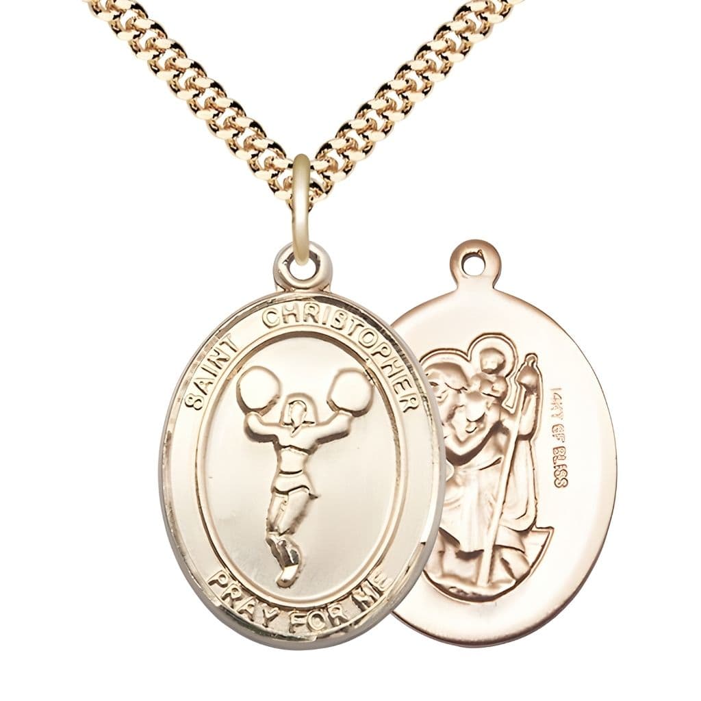 Bliss St. Christopher Cheerleading Gold-filled Oval Medal with Gold-plated Chain and Gift Box, Measures 1-inch tall by 3/4-inch wide.