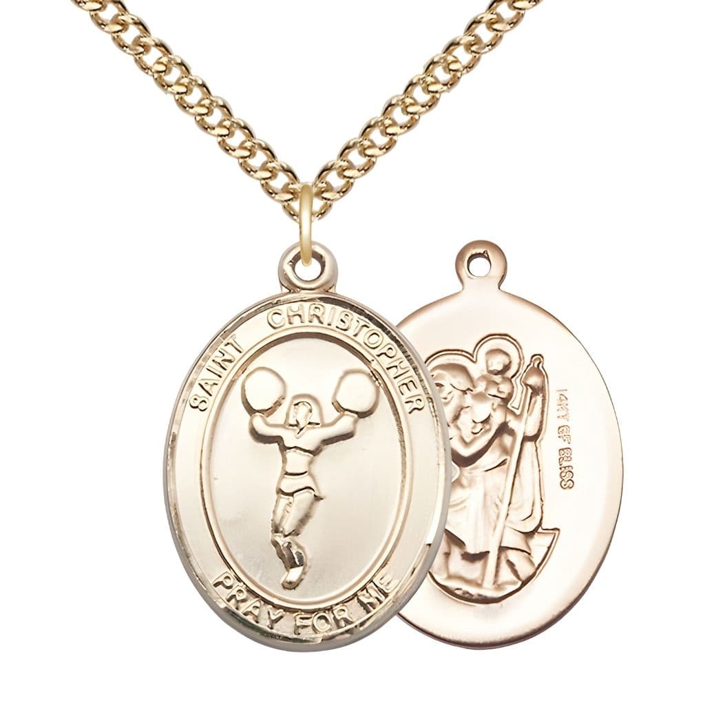 Bliss St. Christopher Cheerleading Gold-filled Oval Medal with Gold-filled Chain and Gift Box, Measures 1-inch tall by 3/4-inch wide.