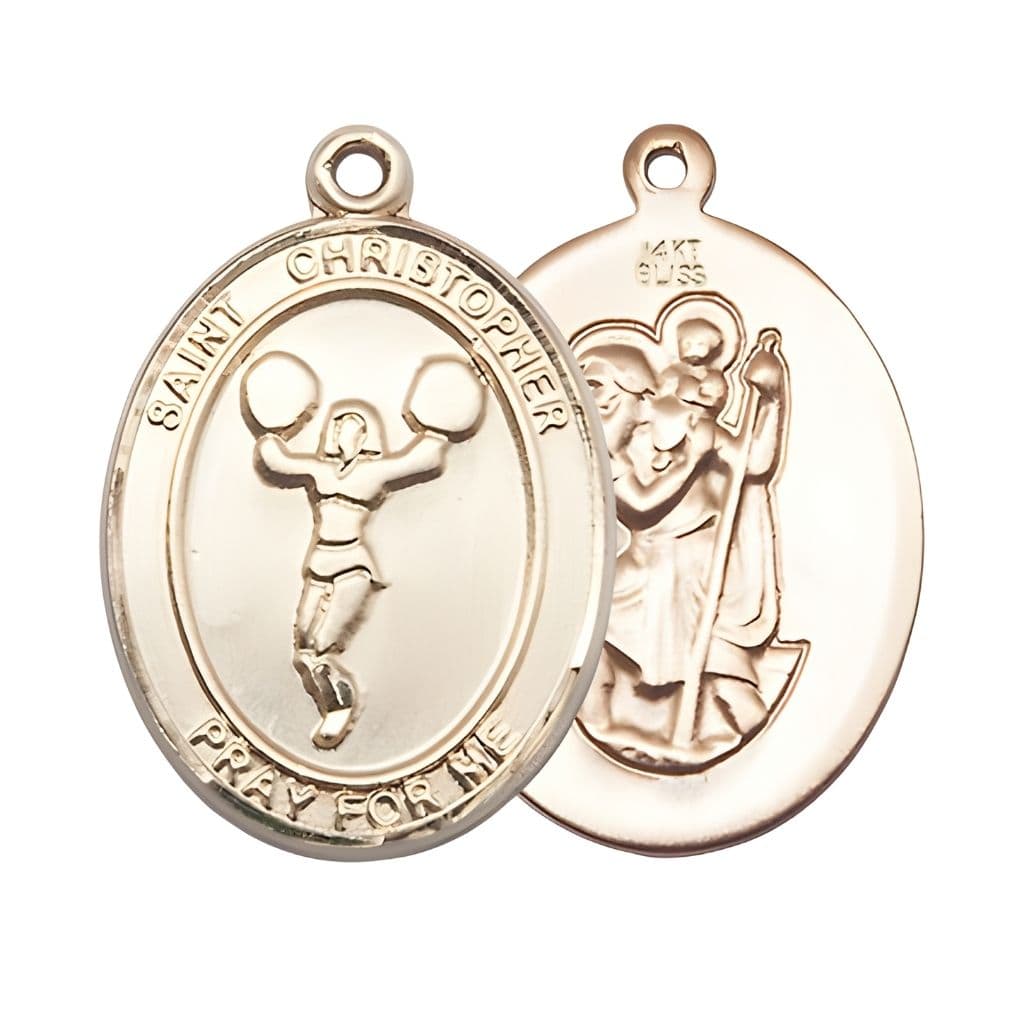 Bliss St. Christopher Cheerleading 14kt Gold Oval Medal in a Gift Box, Measures 1-inch tall by 3/4-inch wide.