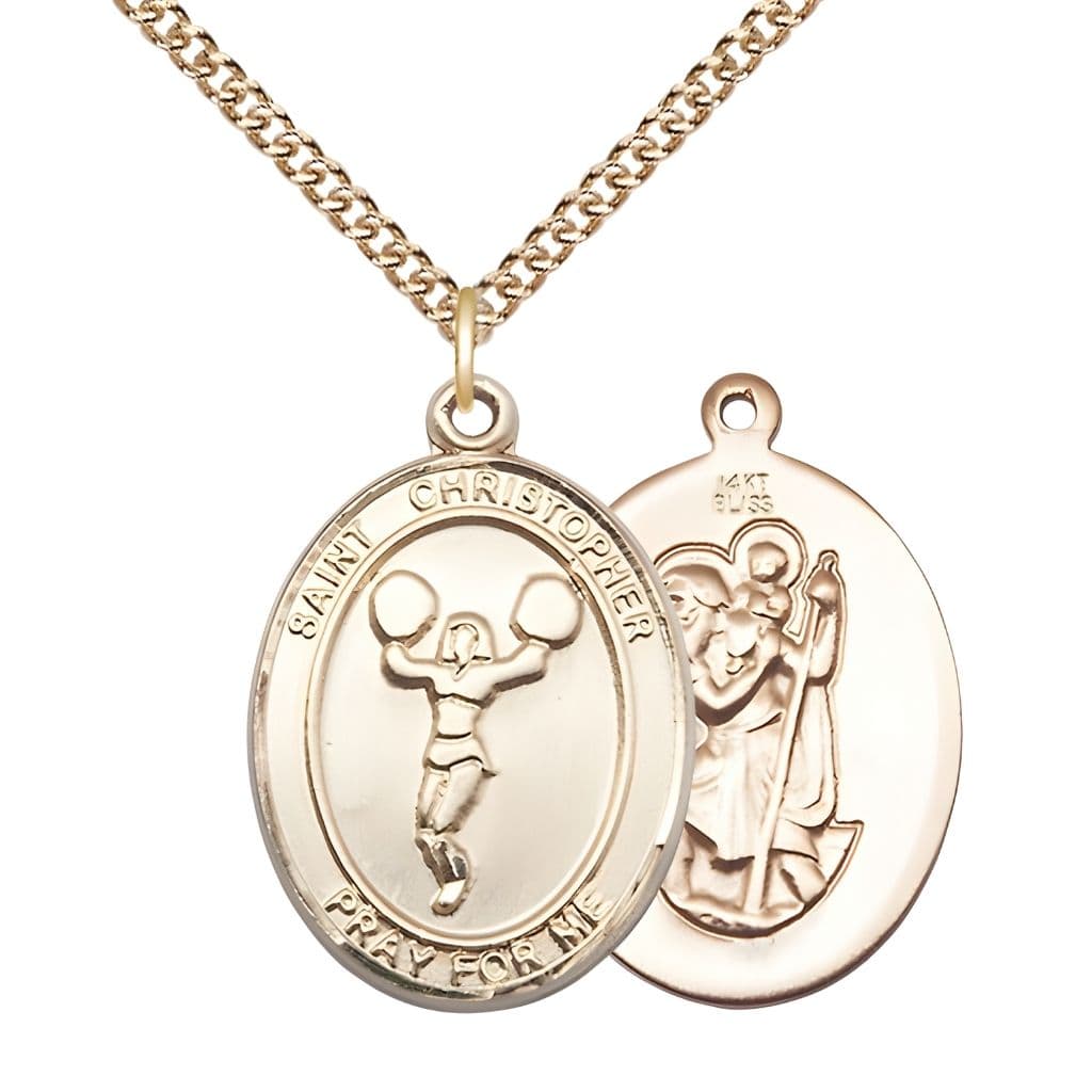 Bliss St. Christopher Cheerleading 14kt Gold Oval Medal with 14kt Gold Chain in a Gift Box, Measures 1-inch tall by 3/4-inch wide.
