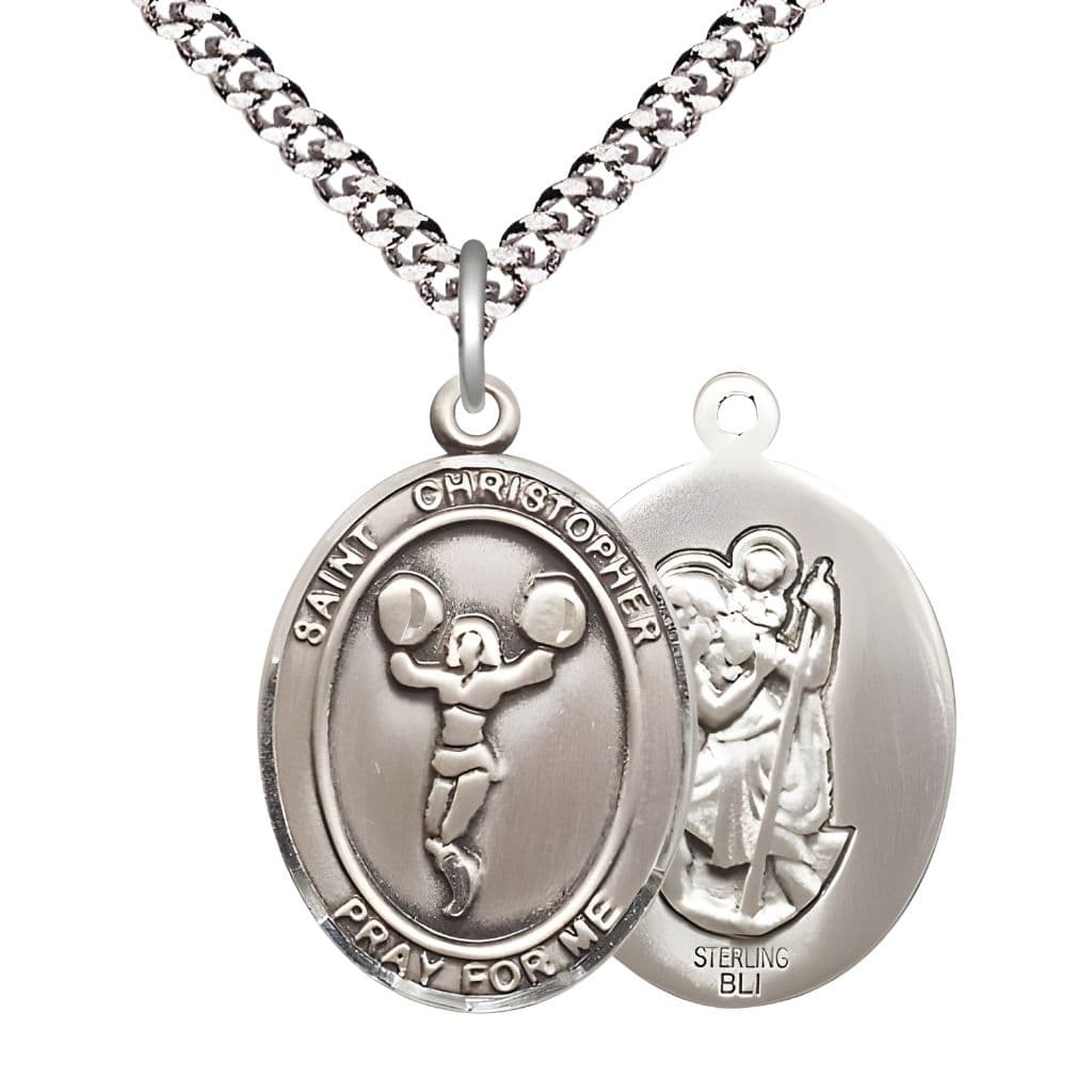 St. Christopher Cheerleading Pewter Oval Medal with Rhodium-plated Heavy Curb Chain, Measures 1-inch tall by 3/4-inch wide.