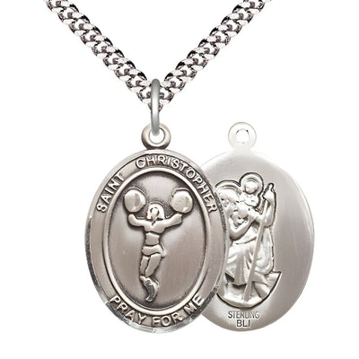 St. Christopher Cheerleading Pewter Oval Medal with Rhodium-plated Heavy Curb Chain, Measures 1-inch tall by 3/4-inch wide, Bliss Manufacturing