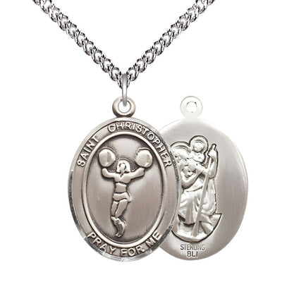 St. Christopher Cheerleading Sterling Silver Medal with Sterling Silver Chain, Measures 1-inch tall by 3/4-inch wide, Bliss Manufacturing