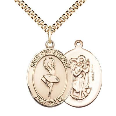 St. Christopher Ballerina Dance Gold-filled Medal with gold-plated chain and optional engraving, measures 1-inch tall by 3/4-inch wide, Bliss Manufacturing