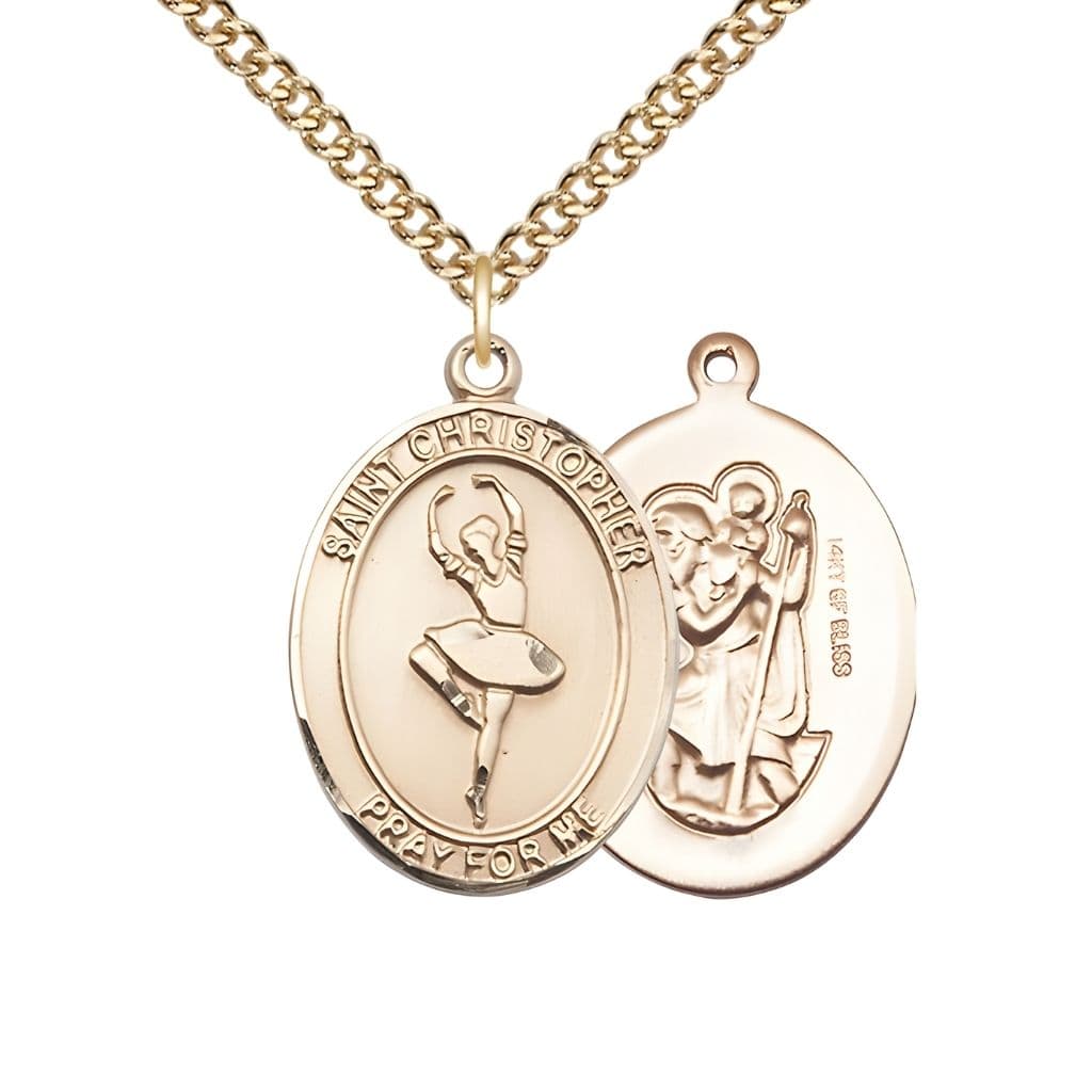 St. Christopher Ballerina Dance Gold-filled Medal with gold-filled chain and optional engraving, measures 1-inch tall by 3/4-inch wide.