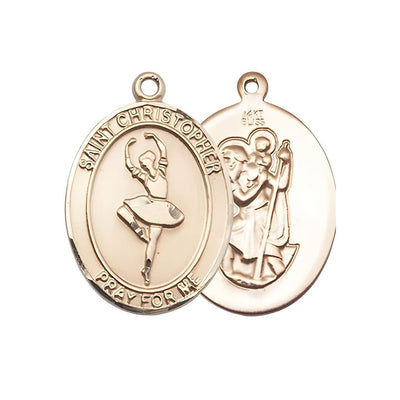 St. Christopher Ballerina Dance 14kt Gold Medal with optional engraving, measures 1-inch tall by 3/4-inch wide, Bliss Manufacturing