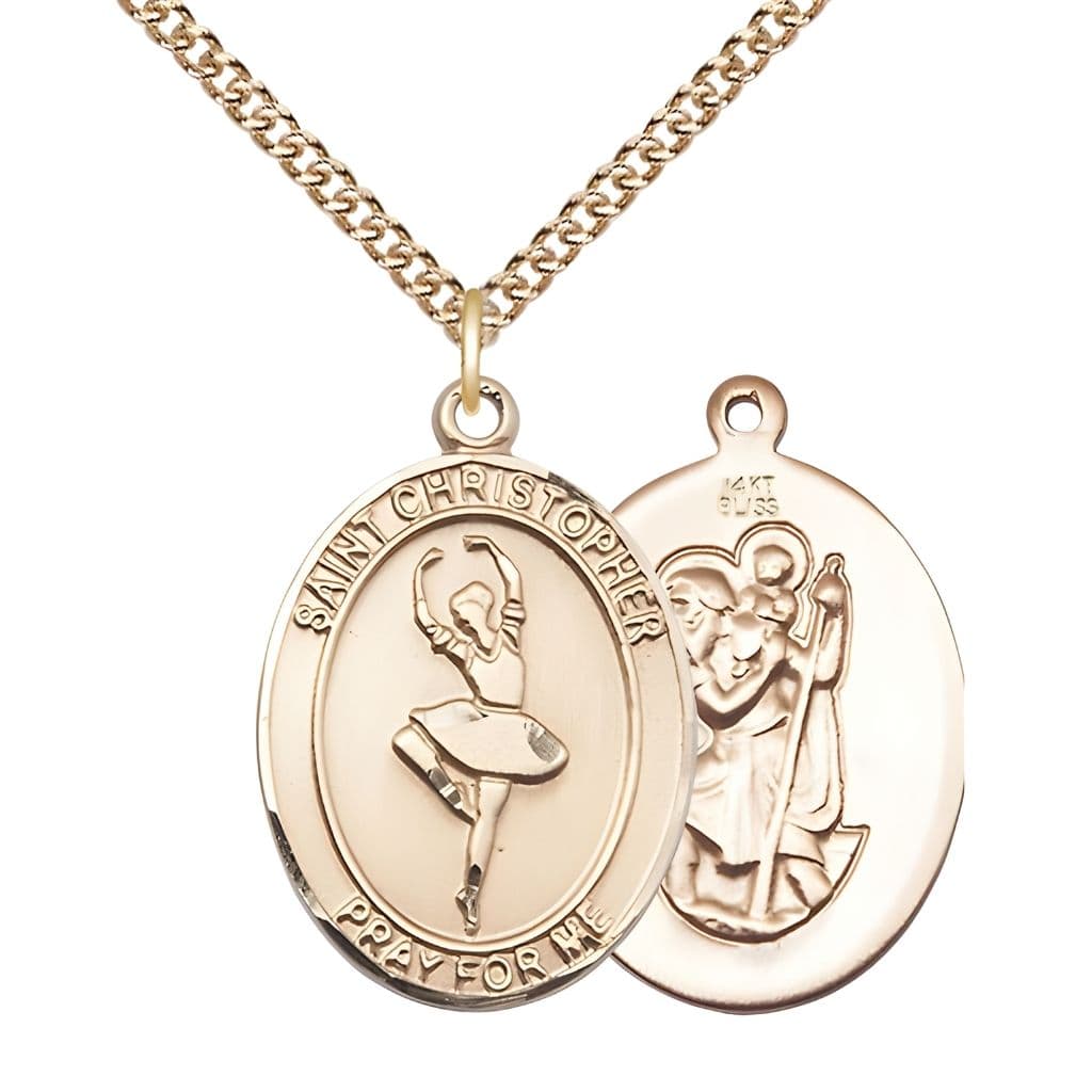 St. Christopher Ballerina Dance 14kt Gold Medal with 14kt gold chain and optional engraving, measures 1-inch tall by 3/4-inch wide.