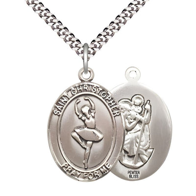 St. Christopher Ballerina Dance Pewter Medal with plated chain and optional engraving, measures 3/4-inch tall by 1/2-inch wide, Bliss Manufacturing