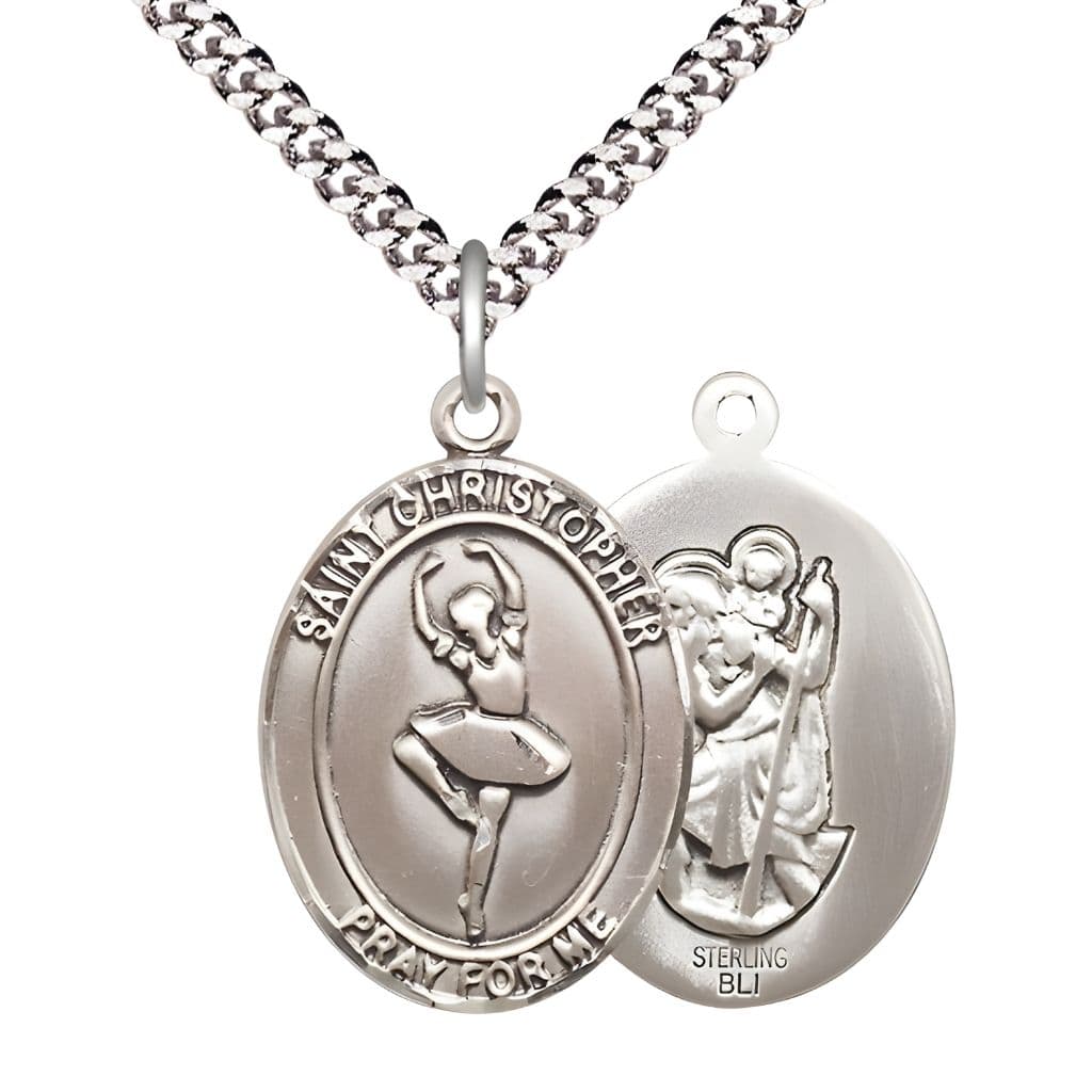 St. Christopher Ballerina Dance Sterling Silver Medal with plated chain and optional engraving, measures 1-inch tall by 3/4-inch wide.