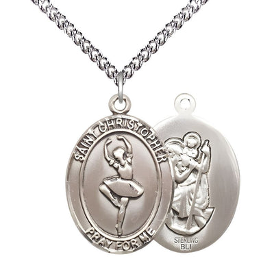 St. Christopher Ballerina Dance Sterling Silver Medal with sterling chain and optional engraving, measures 1-inch tall by 3/4-inch wide, Bliss Manufacturing