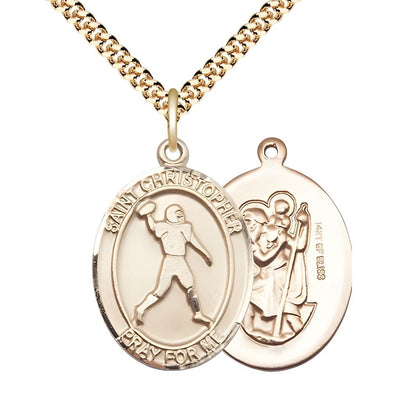Football St. Christopher 14kt Gold-filled Oval Medal Pendant with Gold-plated Chain, Measures 1-inch tall by 3/4-inch wide, Bliss Manufacturing