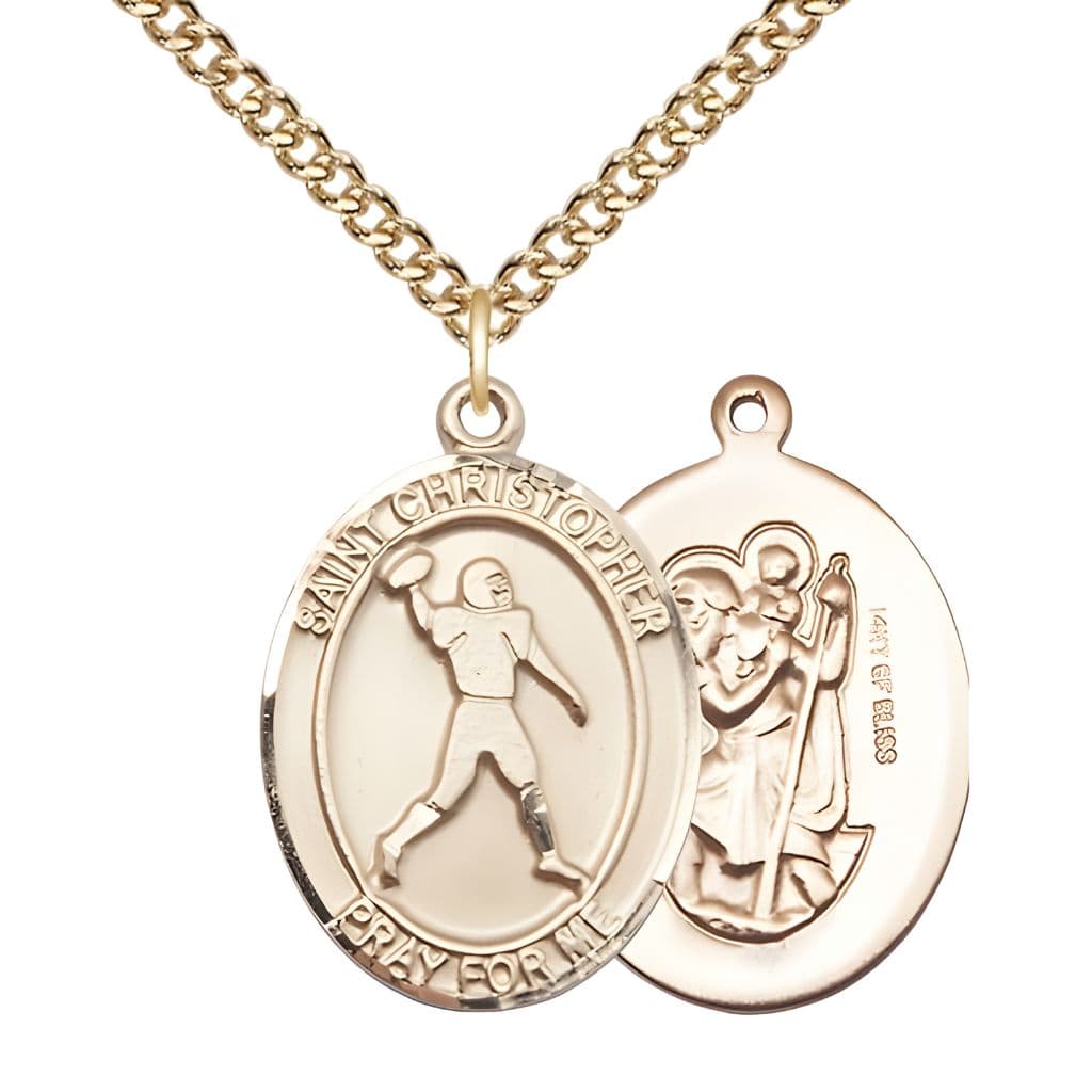 Bliss Football St. Christopher 14kt Gold-filled Oval Medal Pendant with Gold-filled Chain, Measures 1-inch tall by 3/4-inch wide.