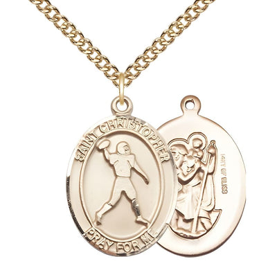 Football St. Christopher 14kt Gold-filled Oval Medal Pendant with Gold-filled Chain, Measures 1-inch tall by 3/4-inch wide, Bliss Manufacturing