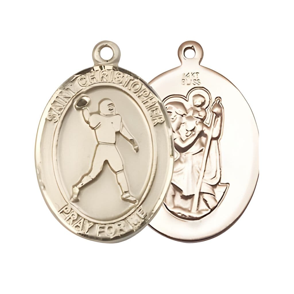 Bliss Football St. Christopher 14kt Gold Oval Medal Pendant, Measures 1-inch tall by 3/4-inch wide.