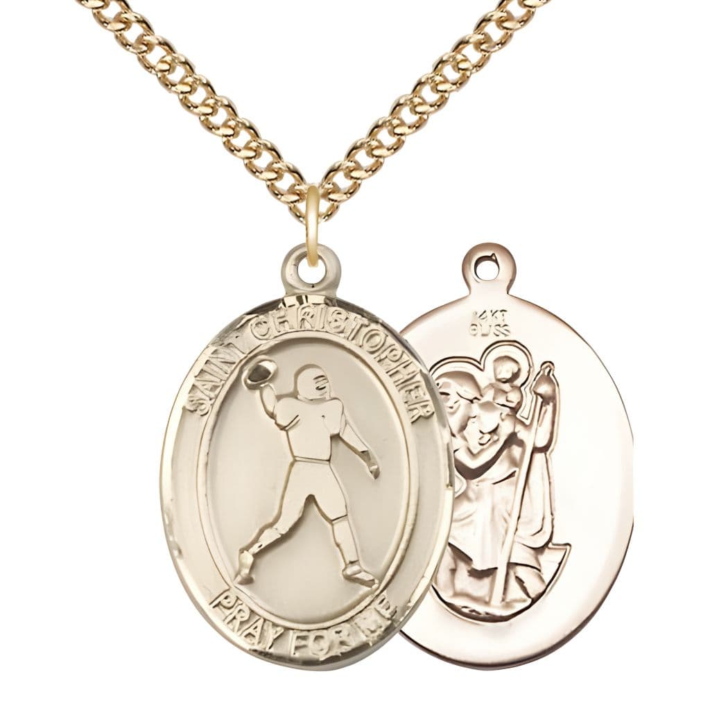 Bliss Football St. Christopher 14kt Gold Oval Medal Pendant with 14kt Gold Chain, Measures 1-inch tall by 3/4-inch wide.
