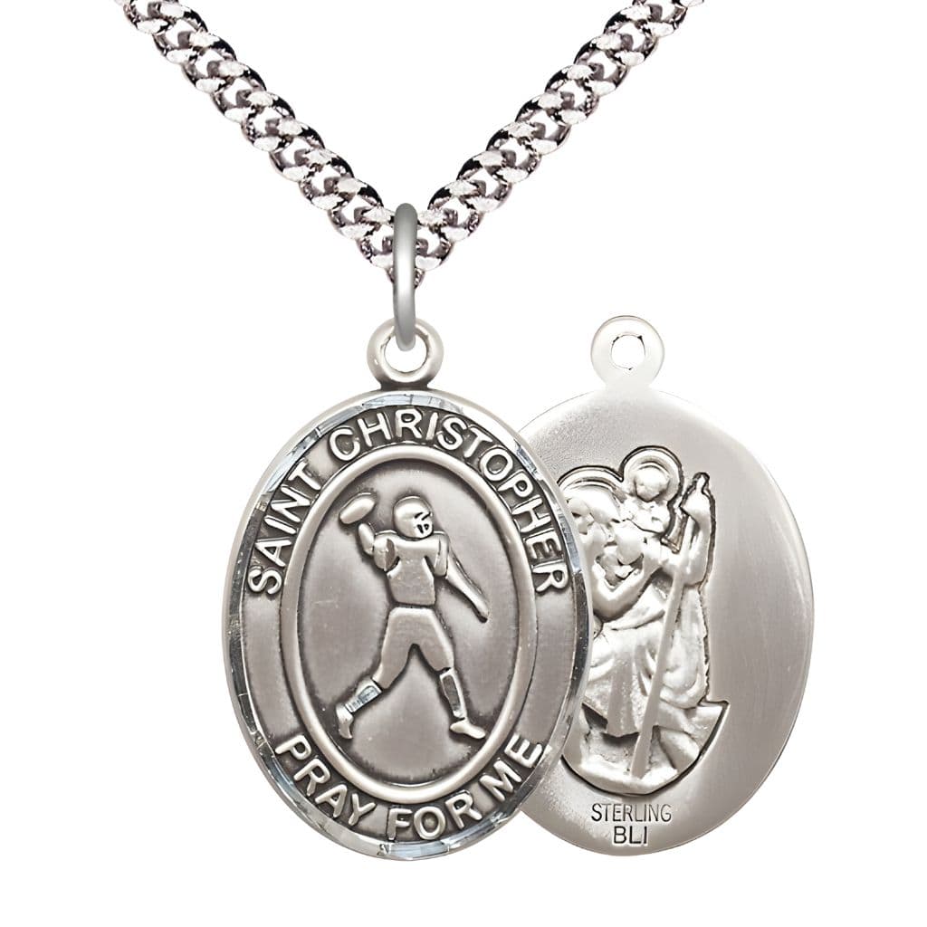 Bliss Football St. Christopher Sterling Silver Oval Medal Pendant with Rhodium-plated Chain, Measures 1-inch tall by 3/4-inch wide.