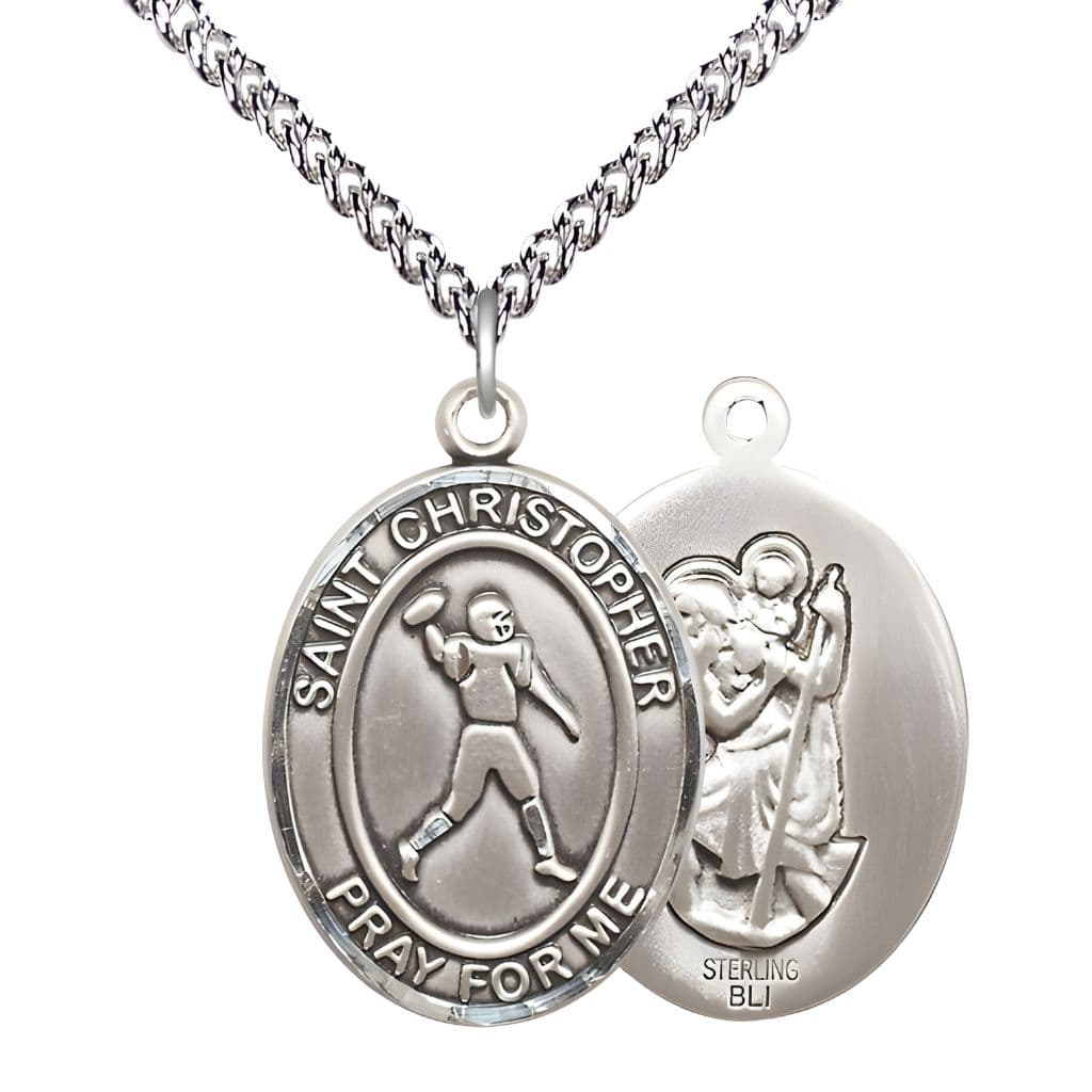 Bliss Football St. Christopher Sterling Silver Oval Medal Pendant with Sterling Chain, Measures 1-inch tall by 3/4-inch wide.