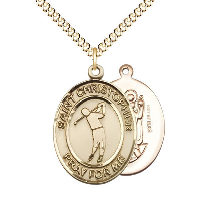 Golf St. Christopher 14kt Gold-filled Oval Medal Pendant with Gold-plated Chain, Measures 1-inch tall by 3/4-inch wide, Bliss Manufacturing