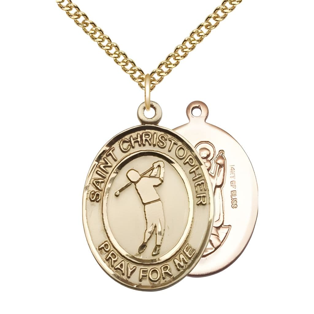 Bliss Golf St. Christopher 14kt Gold-filled Oval Medal Pendant with Gold-filled Chain, Measures 1-inch tall by 3/4-inch wide.
