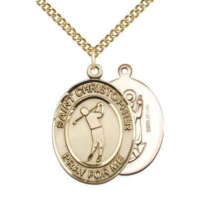 Golf St. Christopher 14kt Gold-filled Oval Medal Pendant with Gold-filled Chain, Measures 1-inch tall by 3/4-inch wide, Bliss Manufacturing