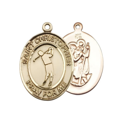 Golf St. Christopher 14kt Gold Oval Medal Pendant, Measures 1-inch tall by 3/4-inch wide, Bliss Manufacturing