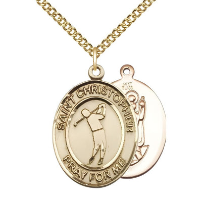 Golf St. Christopher 14kt Gold Oval Medal Pendant with 14kt Gold Chain, Measures 1-inch tall by 3/4-inch wide, Bliss Manufacturing