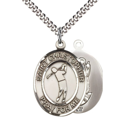 Golf St. Christopher Pewter Oval Medal Pendant with Rhodium-plated Chain, Measures 1-inch tall by 3/4-inch wide, Bliss Manufacturing