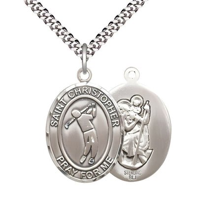 Golf St. Christopher Sterling Silver Oval Medal Pendant with Rhodium-plated Chain, Measures 1-inch tall by 3/4-inch wide, Bliss Manufacturing