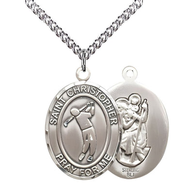 Golf St. Christopher Sterling Silver Oval Medal Pendant with Sterling Silver Chain, Measures 1-inch tall by 3/4-inch wide, Bliss Manufacturing