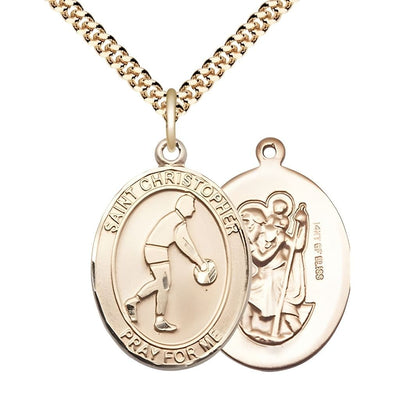 Basketball St. Christopher 14kt Gold-filled Oval Medal Pendant with Gold-plated Chain, Measures 1-inch tall by 3/4-inch wide, Bliss Manufacturing