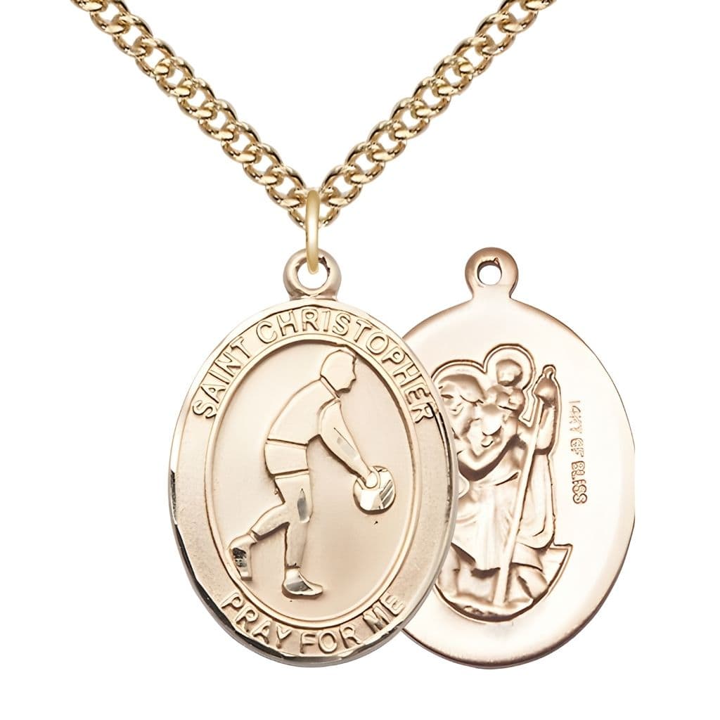 Bliss Basketball St. Christopher 14kt Gold-filled Oval Medal Pendant with Gold-filled Chain, Measures 1-inch tall by 3/4-inch wide.