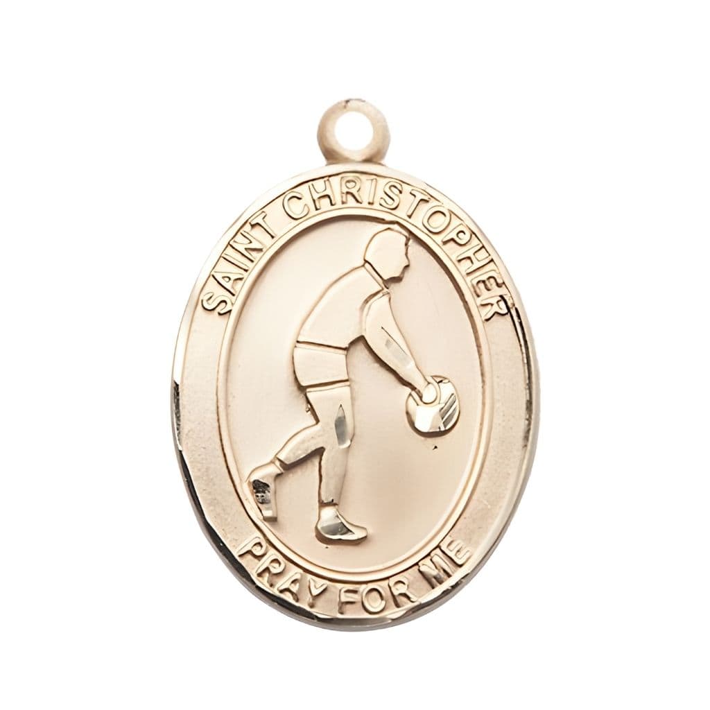 Bliss Basketball St. Christopher 14kt Gold Oval Medal Pendant, Measures 1-inch tall by 3/4-inch wide.