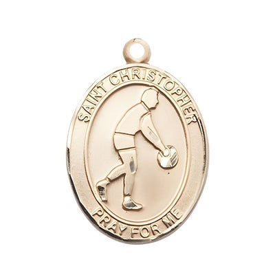 Basketball St. Christopher 14kt Gold Oval Medal Pendant, Measures 1-inch tall by 3/4-inch wide, Bliss Manufacturing