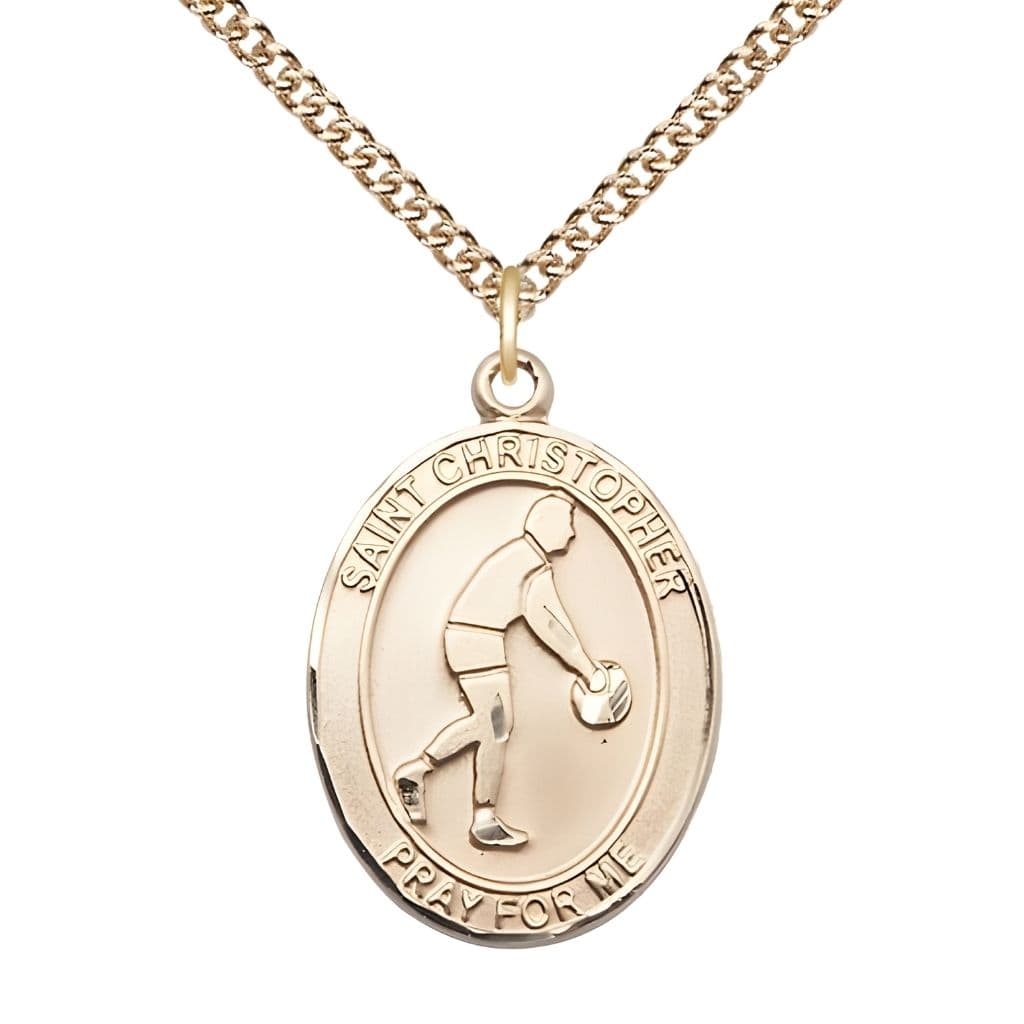 Bliss Basketball St. Christopher 14kt Gold Oval Medal Pendant with 14kt Gold Chain, Measures 1-inch tall by 3/4-inch wide.