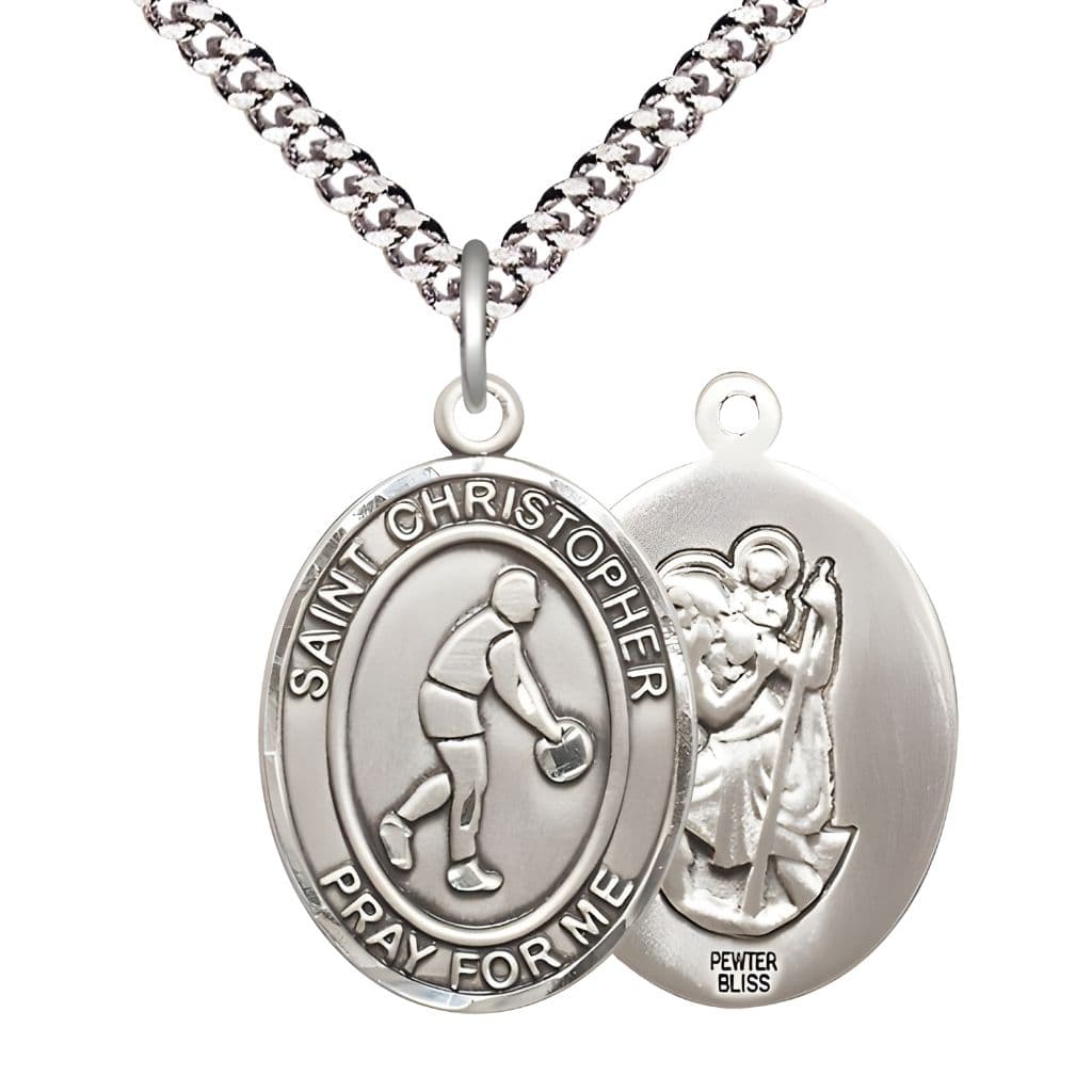 Bliss Basketball St. Christopher Pewter Oval Medal Pendant with Rhodium-plated Chain, Measures 1-inch tall by 3/4-inch wide.