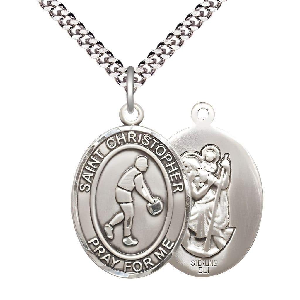 Bliss Basketball St. Christopher Sterling Silver Oval Medal Pendant with Rhodium-plated Chain, Measures 1-inch tall by 3/4-inch wide.