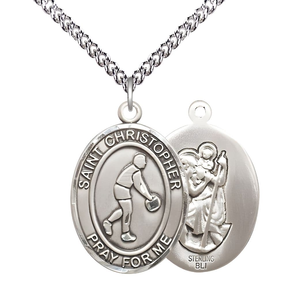 Bliss Basketball St. Christopher Sterling Silver Oval Medal Pendant with Sterling Chain, Measures 1-inch tall by 3/4-inch wide.