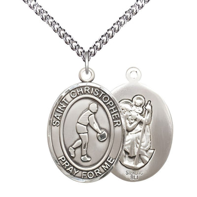 Basketball St. Christopher Sterling Silver Oval Medal Pendant with Sterling Chain, Measures 1-inch tall by 3/4-inch wide, Bliss Manufacturing
