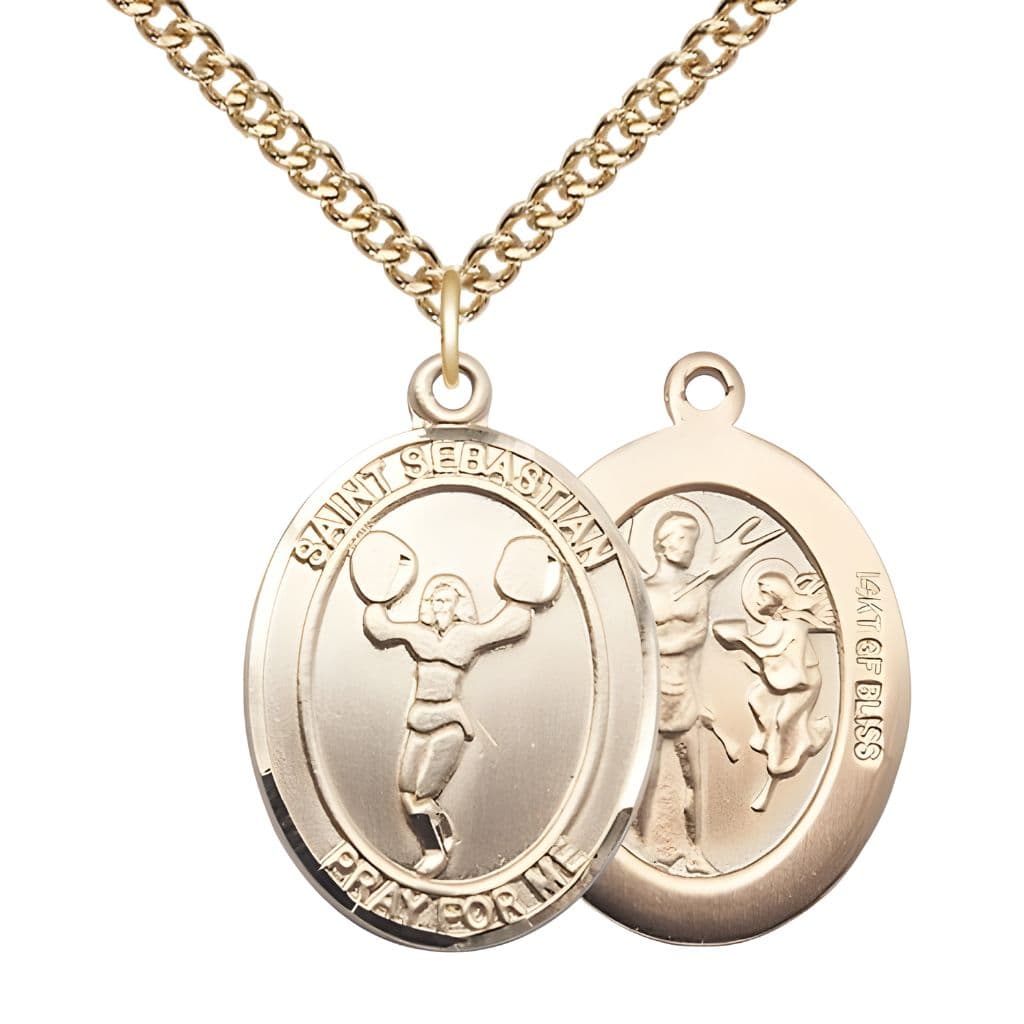 Bliss St. Sebastian Cheerleading 14kt Gold-plated Oval Medal with a Gold-plated Chain in a Gift Box, Measures 1-inch tall by 3/4-inch wide.