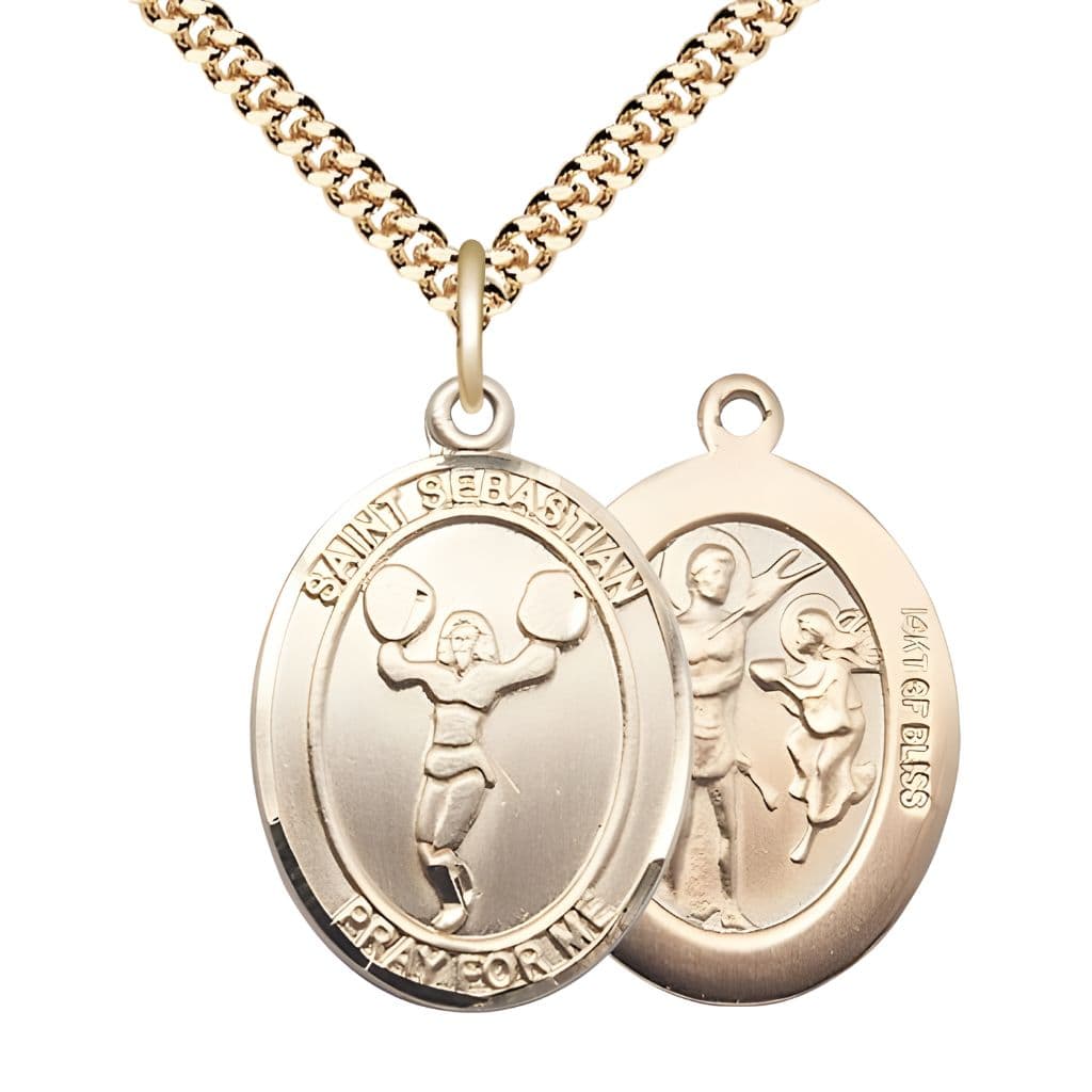 Bliss St. Sebastian Cheerleading 14kt Gold-filled Oval Medal with a Gold-plated Chain in a Gift Box, Measures 1-inch tall by 3/4-inch wide.